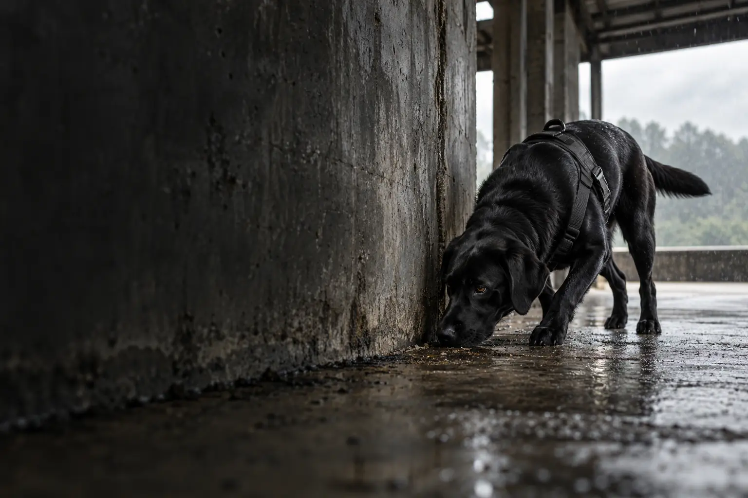 AI-generated black Labrador searching along a concrete wall; concept artwork, not an LFAK9 training photograph