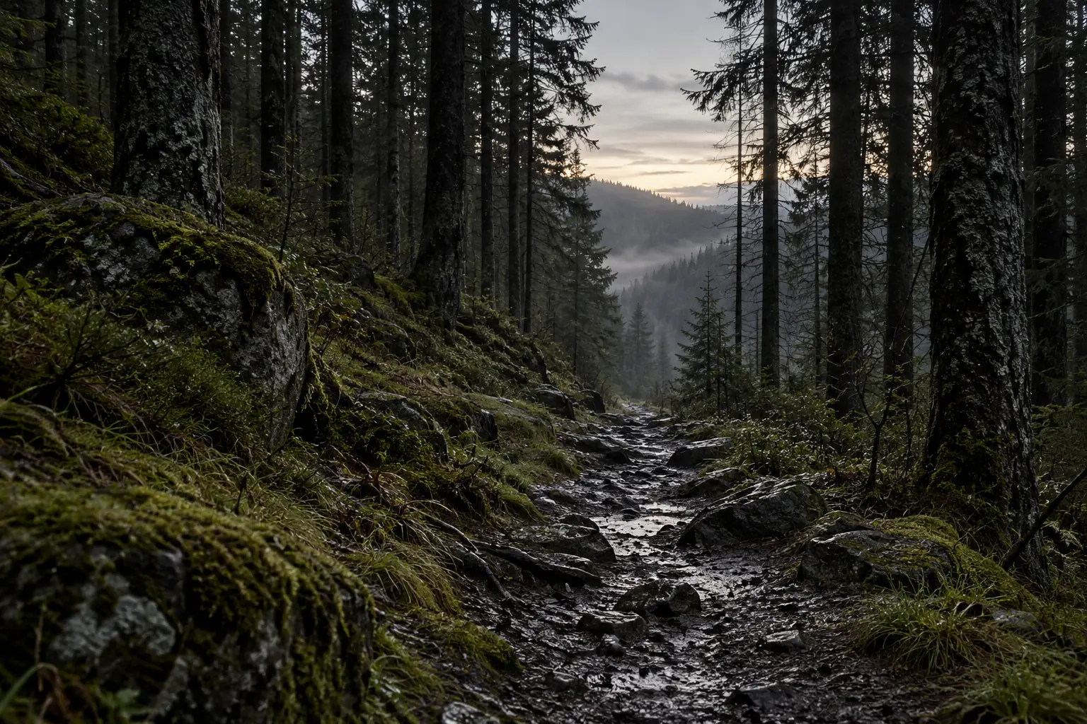 AI-generated misty forest trail before sunrise; environmental concept artwork