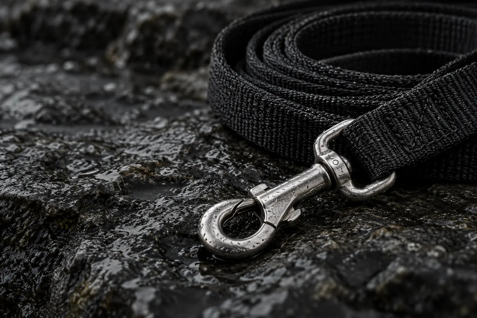 AI-generated detail of generic black training webbing and a steel snap hook on wet stone; concept artwork, not an LFAK9 product