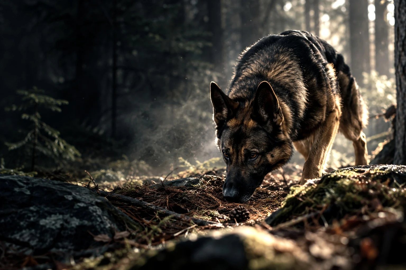 AI-generated concept artwork of a working dog searching woodland terrain