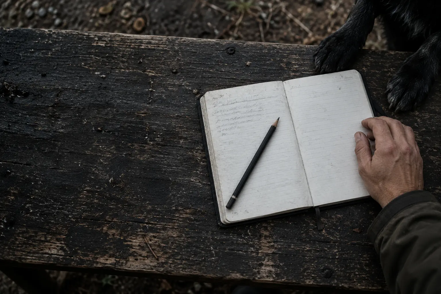 AI-generated overhead scene of a handler’s notebook, pencil and dog’s paws at an outdoor training bench